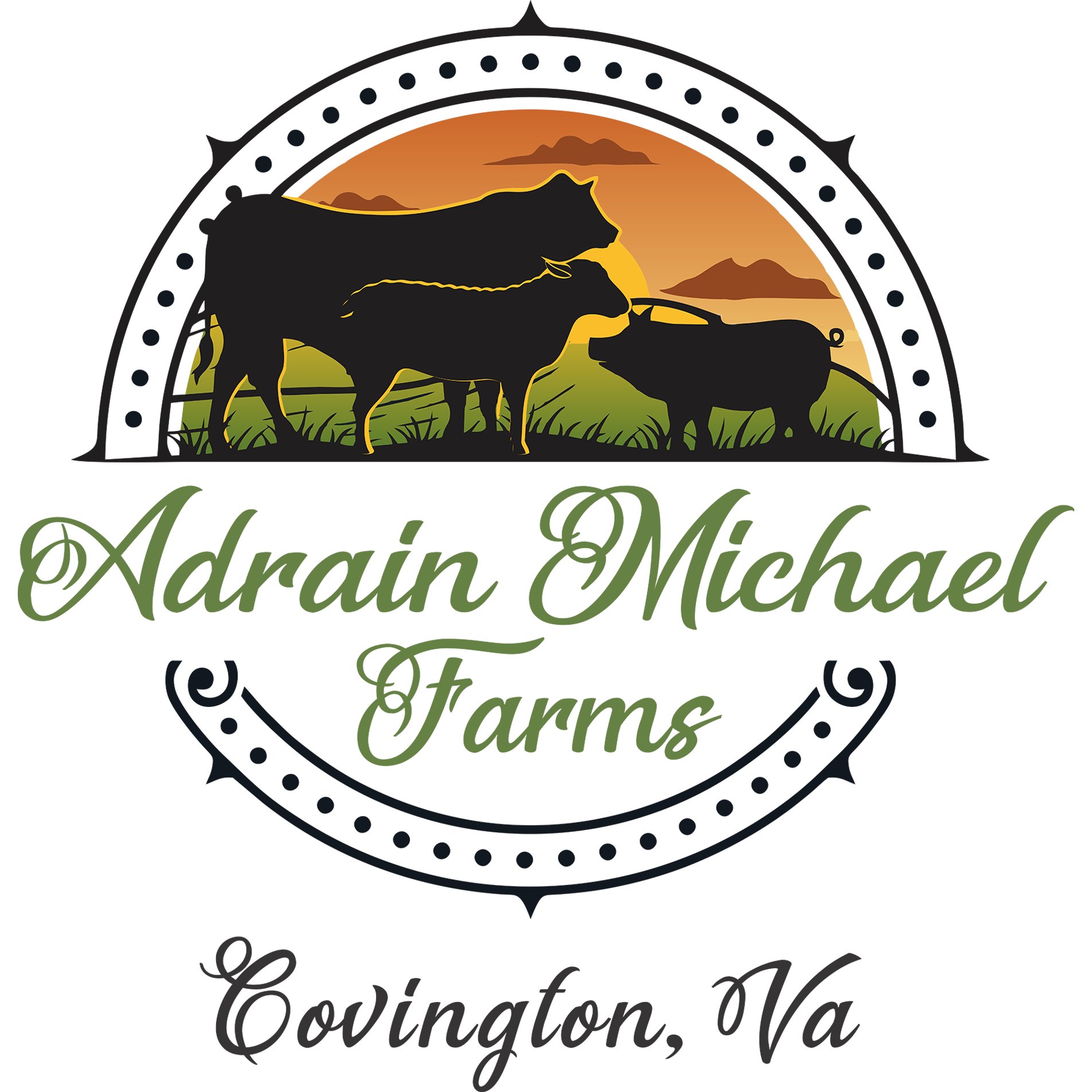 Logo Silhouette of a dog, cow, and pig against a vibrant sunset background, symbolizing animal farming and livestock care. The design features rolling hills and mountains, emphasizing a rural lifestyle and connection to nature.